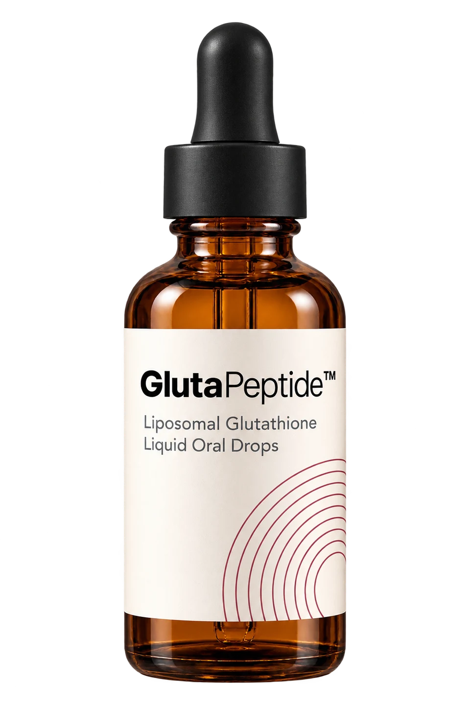 GlutaPeptide liposoomse glutatiooni suukaudsed tilgad musta pipeti ja heleda etiketiga pudelis