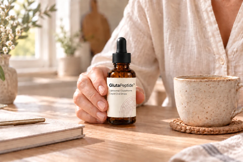 Käsi hoiab GlutaPeptide'i pudelit päikeselisel hommikusöögilaual